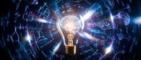 Glowing light bulb with brain inside surrounded by digital circuit patterns and holographic technology elements on dark blue background for innovation concepts.