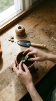 Hands planting seedling in terracotta pot with gardening tools and twine on rustic wooden table near window, ideal for gardening, horticulture and home projects.
