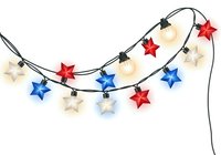 Decorative string lights with red, blue, and cream star ornaments hanging on black wire, isolated on white background. Perfect for holiday, patriotic, and festive design projects.