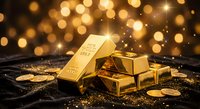 Shiny gold bars and coins on dark surface with warm bokeh lights creating luxury investment and wealth concept for financial marketing materials.