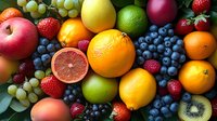 Fresh colorful fruits background with oranges, grapefruit, apples, kiwi, blueberries, strawberries, raspberries and green grapes on dark surface with leaves.