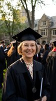 Senior Caucasian woman graduate smiling in cap and gown at university commencement ceremony with historic campus buildings and fellow graduates in background.