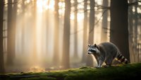 Raccoon sitting on moss-covered log in misty forest with golden sunlight streaming through trees creating magical woodland atmosphere for nature photography.
