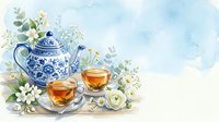 Watercolor tea set with blue and white ceramic teapot, glass cups, and white flowers on soft blue background with copy space.