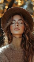 Young woman in brown hat and knit sweater with closed eyes enjoying sunlight. Natural makeup, round glasses, and long wavy hair create dreamy autumn mood.