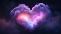 Mystical heart-shaped cloud formation glowing with purple and pink ethereal light against dark night sky, creating romantic atmospheric scene.