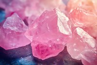 Raw pink rose quartz crystal chunks with rough surface texture and translucent glow on dark background, showing natural mineral formation and healing properties.