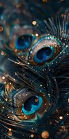 Iridescent peacock feathers with vibrant blue eyes and golden bokeh lights create magical atmosphere. Macro photography reveals intricate details and sparkles.