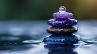 Balanced purple and black zen stones pyramid with water drop on top against blurred natural background, reflecting in calm water surface.