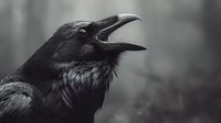 Black raven with open beak calling in dramatic monochrome photography, showcasing detailed feather texture and powerful corvid bird behavior in natural habitat.