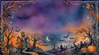Halloween night scene with spooky houses, pumpkins, bats and crescent moon in purple orange watercolor style with decorative floral border for seasonal designs.