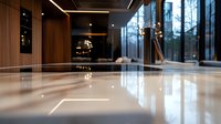Modern luxury hotel lobby with polished marble floor reflecting ambient lighting, featuring wood paneling and floor-to-ceiling windows overlooking nature landscape.