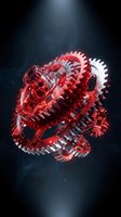 Complex red and white mechanical gears with glowing neon effects rotating against dark background. Suitable for technology, engineering, innovation, and industrial design projects.