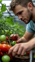 Young Caucasian male farmer examining and harvesting fresh tomatoes in greenhouse. Close-up view of agricultural worker tending to organic vegetable crop.