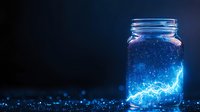 Glowing blue lightning energy trapped inside glass mason jar on dark background with magical sparkles and bokeh effects creates mystical atmosphere.