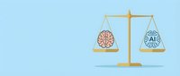 Golden balance scale weighing human brain against artificial intelligence chip on light blue background representing technology vs humanity debate.