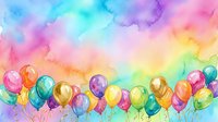 Colorful balloons floating against a vibrant watercolor gradient background in rainbow hues, suitable for celebrations, parties, and festive event designs.