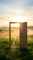 Open wooden door standing in misty field at sunrise with golden sunbeams streaming through doorway creating magical portal effect in rural landscape.