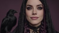 Mysterious woman with black braided hair and dark makeup poses with raven bird against purple background for gothic fantasy themed creative projects.