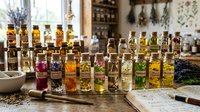 Herbal tinctures and botanical extracts in glass bottles with cork stoppers arranged on a rustic wooden table in an apothecary setting.
