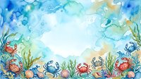 Watercolor ocean frame with crabs, seashells, and seaweed on a light background, perfect for summer cards and coastal designs.