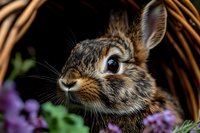Close up portrait of adorable brown bunny rabbit peeking from wicker basket surrounded by purple spring flowers, with soft natural lighting and bokeh background.