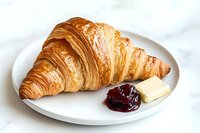 Fresh baked flaky butter croissant served on white ceramic plate with raspberry jam and butter pat, photographed against light marble background.