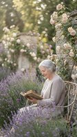 Senior Caucasian woman reading book in romantic garden surrounded by pink roses and purple lavender flowers on sunny day for relaxation and leisure lifestyle.
