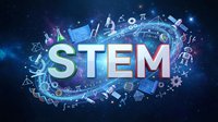 STEM education concept with science technology engineering math symbols floating around glowing letters on dark blue cosmic background.