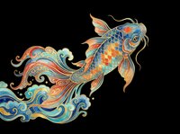 Ornamental koi fish with flowing decorative waves in vibrant orange, blue, and gold tones. Isolated on transparent background, ready for t-shirts, stickers, clipart, and print-on-demand designs.