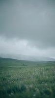 Moody overcast sky above rolling green hills and meadows creating atmospheric countryside landscape for nature and travel projects.