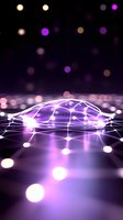 Glowing purple network mesh with connected nodes and bokeh lights on dark background creates futuristic technological atmosphere for digital concepts.
