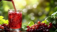 Fresh cranberry juice being poured into glass with ripe red cranberries and green leaves on wooden table in natural sunlight for healthy beverage concept.