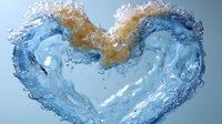 Dynamic heart-shaped water splash with golden liquid flowing through blue water, creating a romantic fluid art composition against light background.