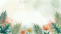 Watercolor botanical illustration with tropical green palm leaves and coral peach flowers on cream background, isolated for design use.