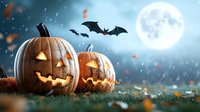 Glowing carved pumpkins on grass at night with full moon, flying bats and falling autumn leaves in rain create spooky Halloween atmosphere.