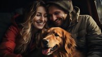 Young couple with golden retriever dog sharing intimate moment outdoors. Woman in red coat and bearded man in beanie smile while petting their happy pet.