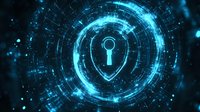 Glowing blue digital shield with keyhole icon surrounded by futuristic network connections and particles on dark background, representing cybersecurity protection.