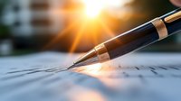 Elegant fountain pen tip on paper against sunset light, creating dramatic shadows and reflections. Close-up macro photography captures writing instrument detail.