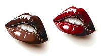 Glossy sensual lips in deep brown and vibrant red shades with metallic shine effect on white background, isolated design element for beauty and cosmetic concepts.