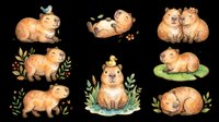 Cute watercolor capybara clipart set with 8 poses, isolated on transparent background. Great for stickers, t-shirt design, print on demand, and sublimation projects.
