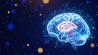 Digital brain with glowing neural networks and connections on dark blue background with bokeh lights for artificial intelligence and technology concepts.