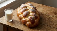Fresh braided challah bread with golden crust on wooden cutting board next to glass of milk, traditional Jewish bakery product for breakfast or dinner.