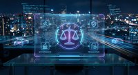 Digital legal technology interface with scales of justice hologram over modern city skyline at night showcasing compliance and regulatory innovation solutions.