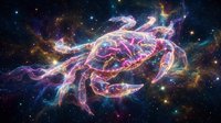 Vibrant cosmic nebula with swirling purple, pink, and gold energy formations against a starfield. Suitable for space science, astronomy education, and futuristic design projects.