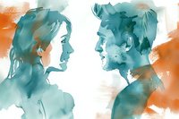 Watercolor silhouettes of young couple facing each other in profile, with turquoise and orange tones creating romantic mood on white background.