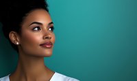 Young African American woman with natural curly hair and white t-shirt looking up dreamily against turquoise background, profile portrait showcasing confident expression.
