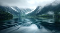 Dramatic fjord landscape with misty mountains and waterfalls reflecting in calm dark waters. Moody atmospheric scene perfect for travel, adventure and nature photography backgrounds.