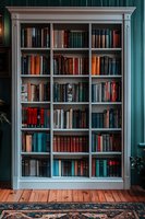 Classic wooden bookshelf filled with vintage hardcover books in red, blue, and teal against teal wall, standing on rustic wooden floor with ornate carpet.