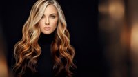 Young blonde woman with long wavy hair wearing black turtleneck sweater against warm blurred background for fashion and beauty concepts.